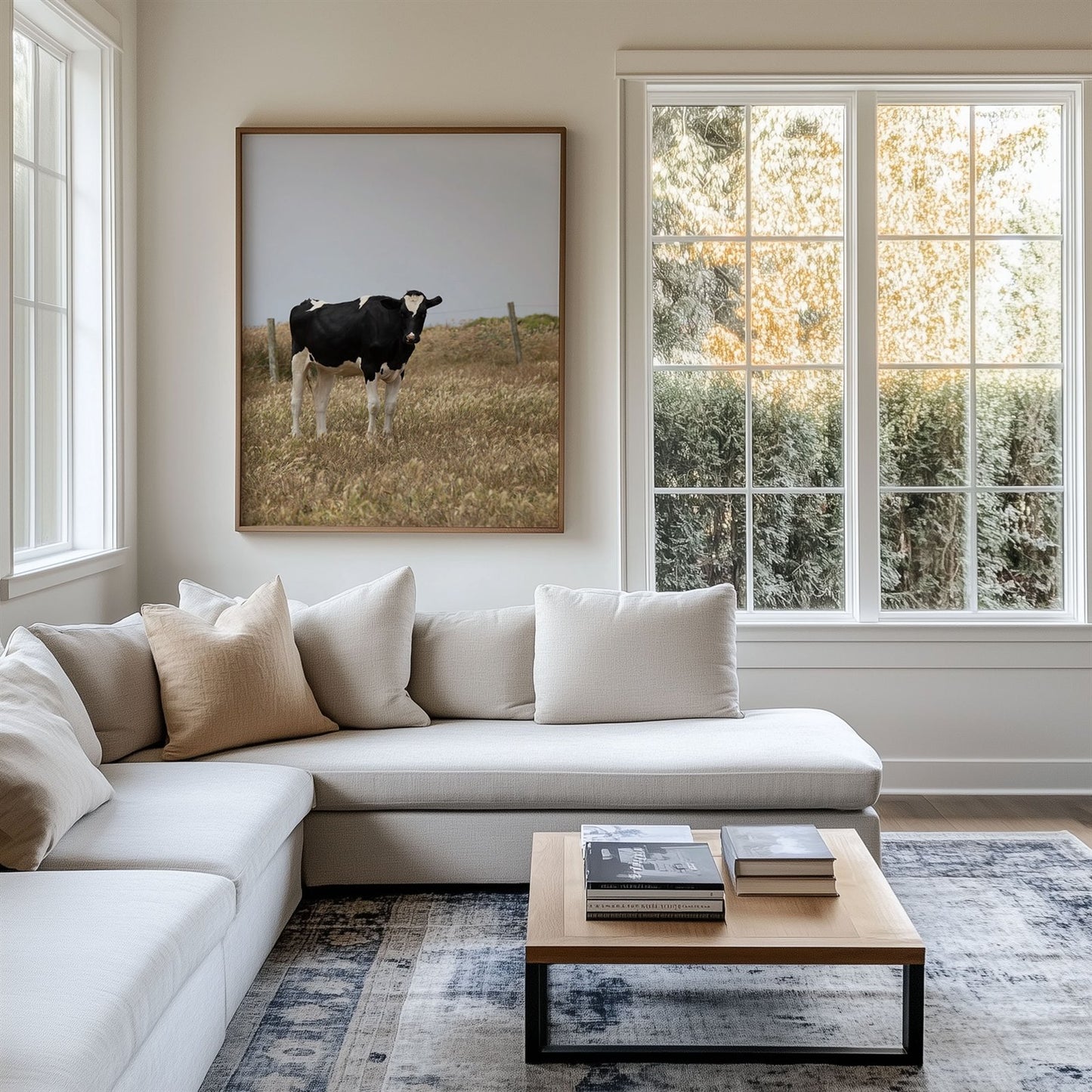 Framed photo of: Cow 7204 displayed on a wall above couch in a modern coastal living room.