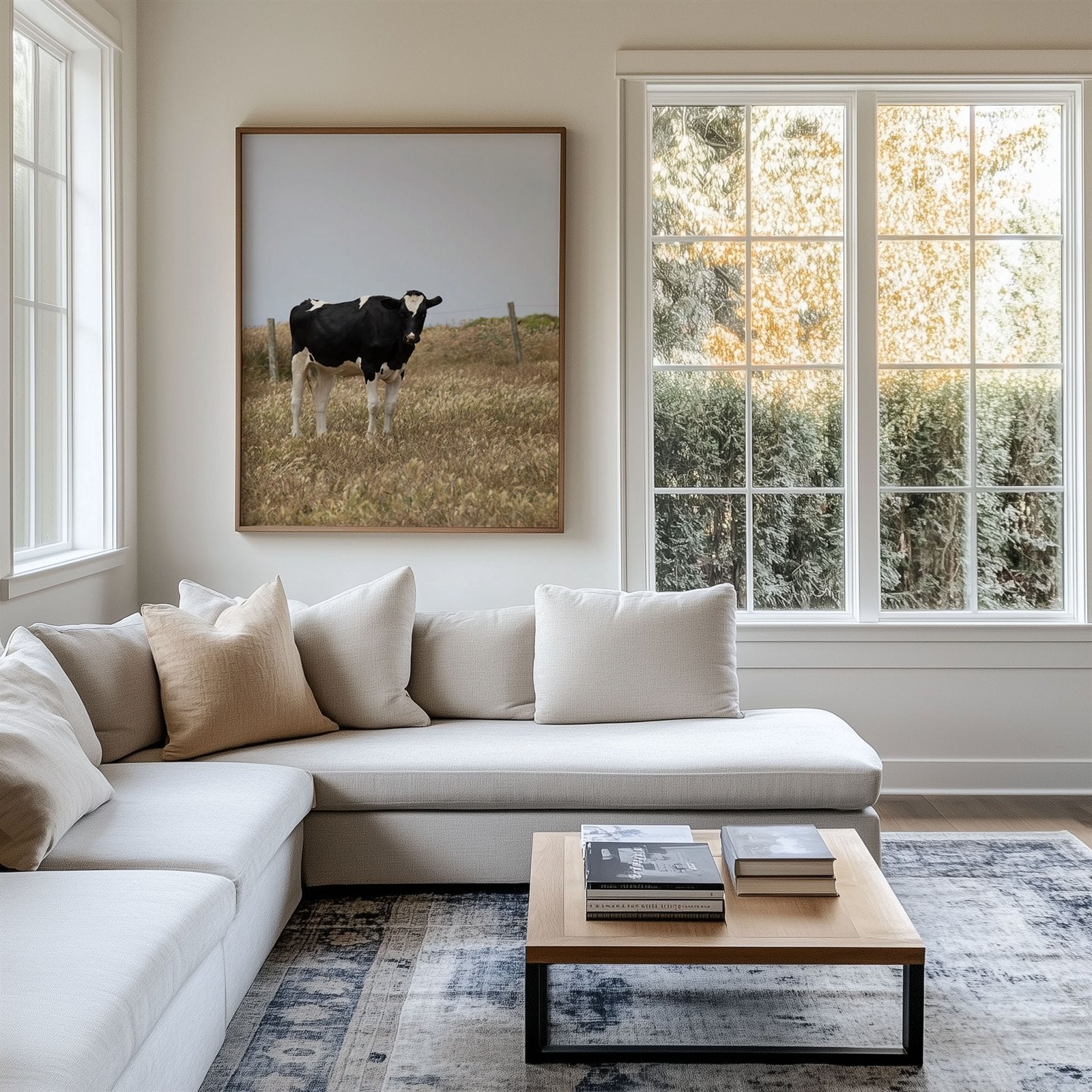 Framed photo of: Cow 7204 displayed on a wall above couch in a modern coastal living room.