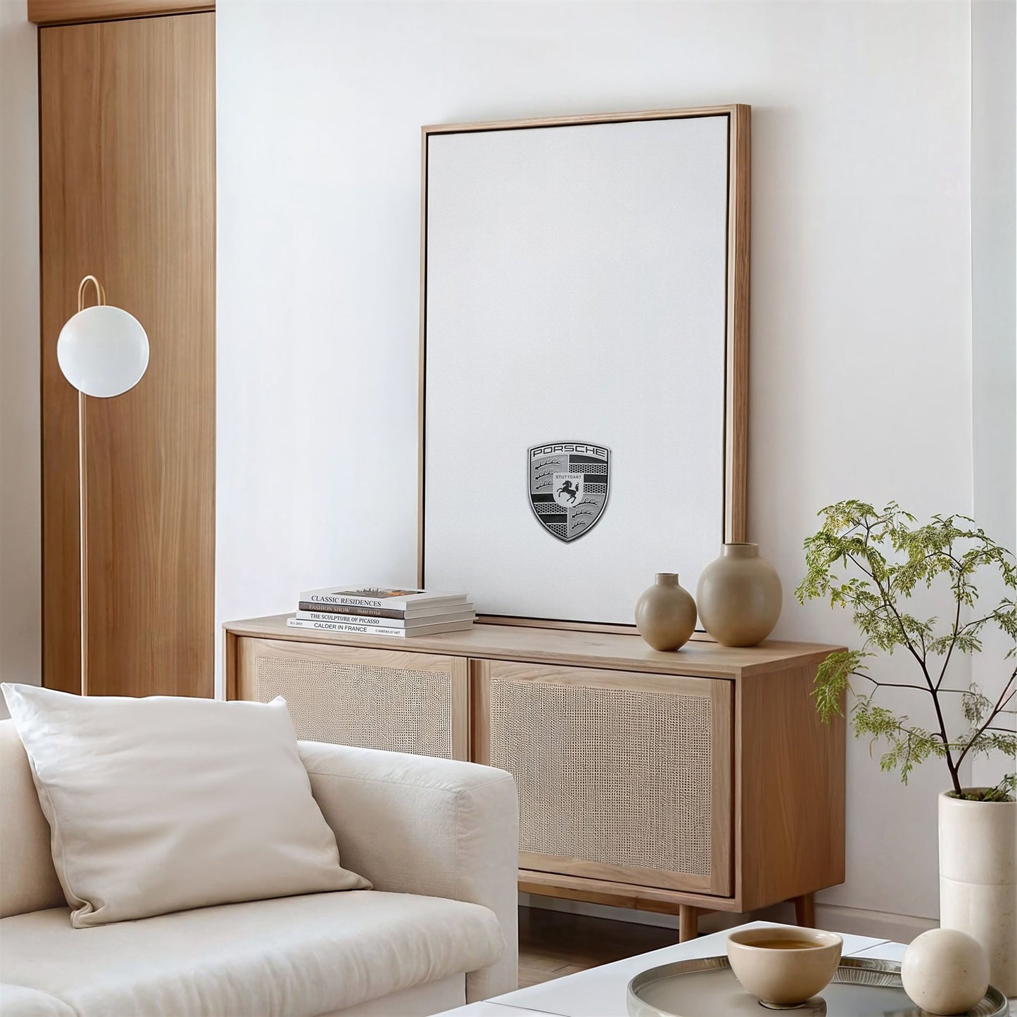 Framed canvas photo of: Porsche 8364 displayed above a console in a modern living room.