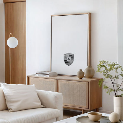 Framed canvas photo of: Porsche 8364 displayed above a console in a modern living room.