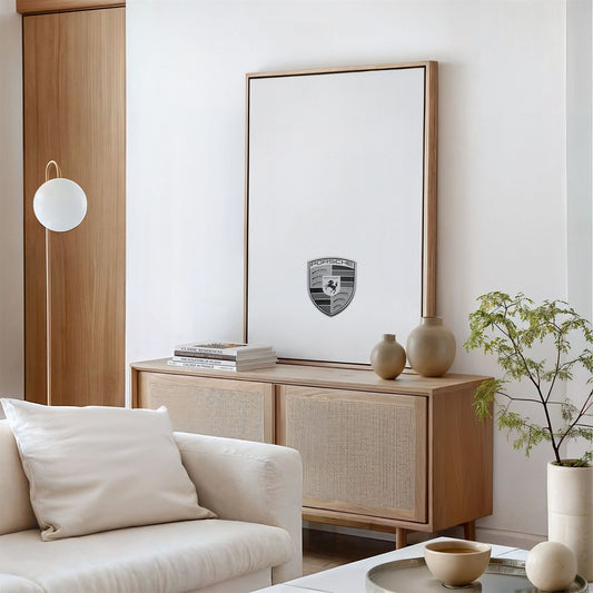Framed canvas photo of: Porsche 8364 displayed above a console in a modern living room.