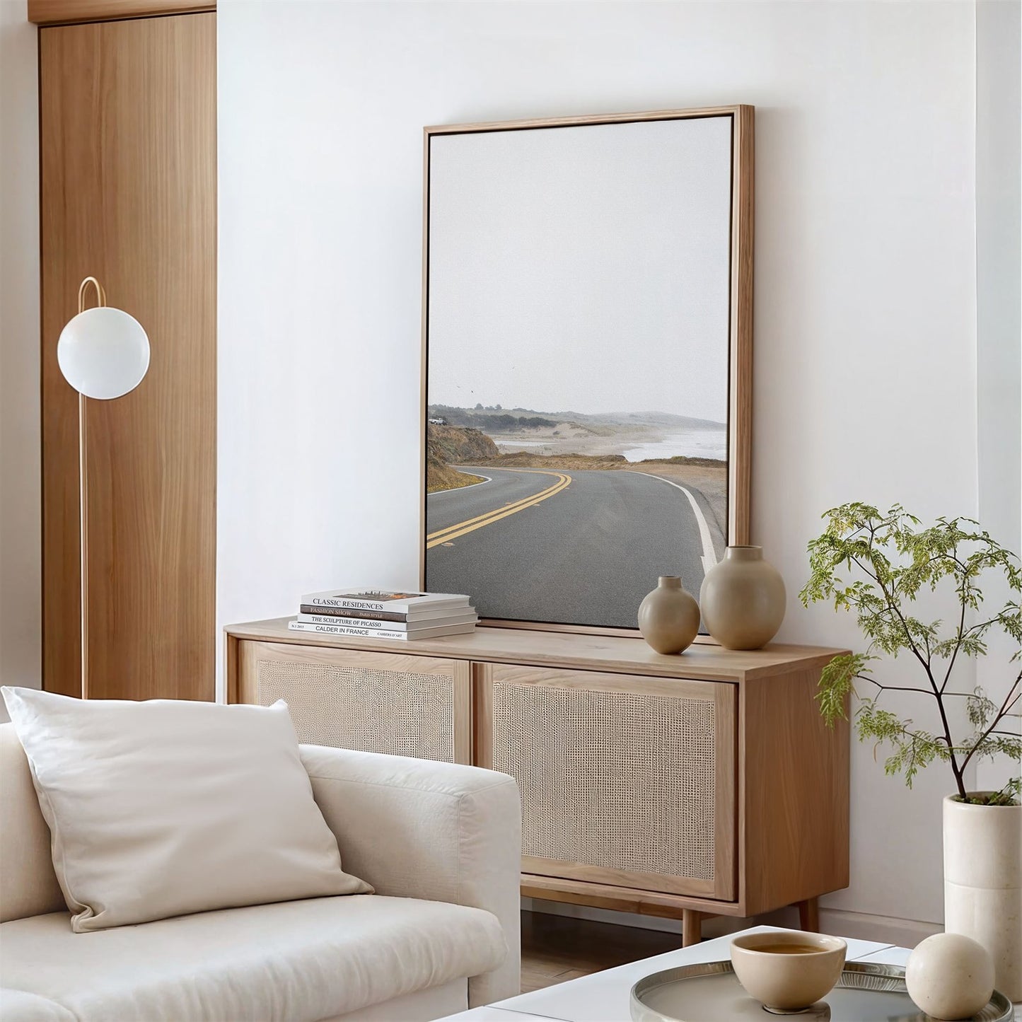 Canvas framed photo of: Salmon Creek Beach 7457 displayed above a hutch in a living room