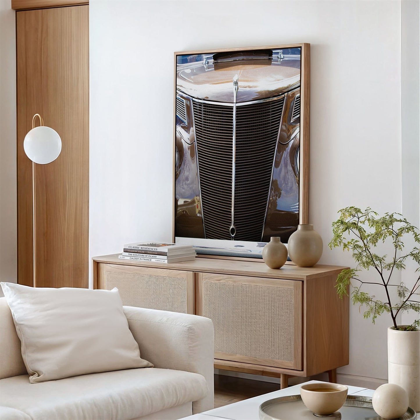 Framed canvas photo of: Ford 7803 displayed on a wall above a console in a modern living room.