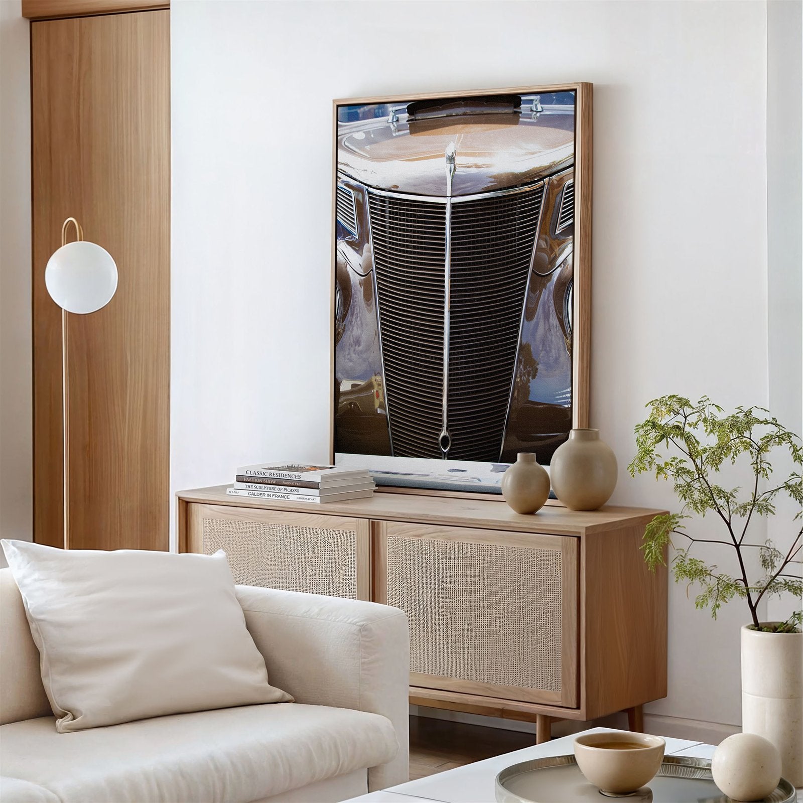 Framed canvas photo of: Ford 7803 displayed on a wall above a console in a modern living room.