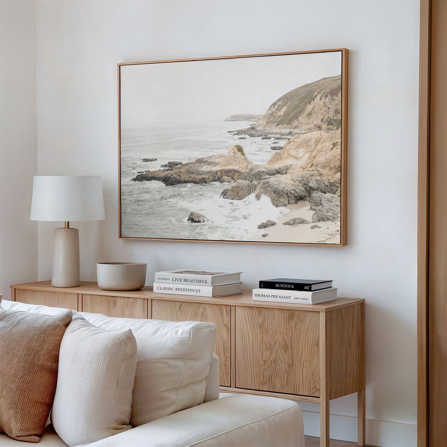 Canvas framed photo of: Bodega Head 7709 in a living room above a couch.