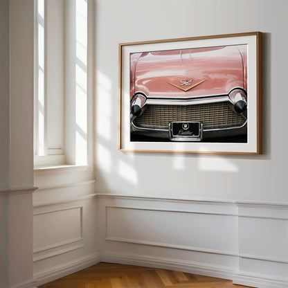 Framed photo of: Cadillac 7917 displayed on a wall in a luxury hallway.