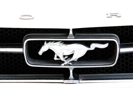 Photography by Salt Creek Prints of: Ford 8021, Close up image of the front horse logo of a vintage 1960s Ford Mustang.