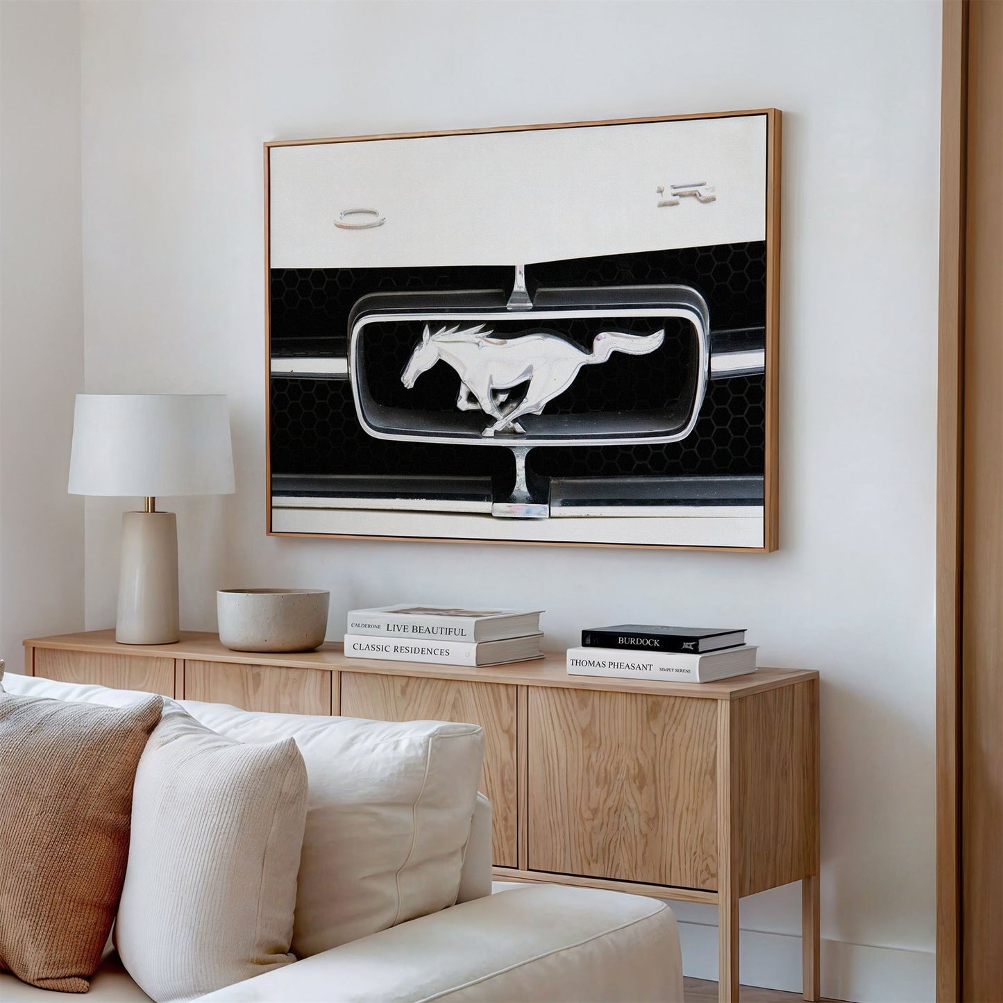 Framed canvas photo of: Ford 8021 displayed above a couch.