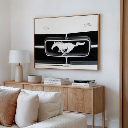 Framed canvas photo of: Ford 8021 displayed above a couch.