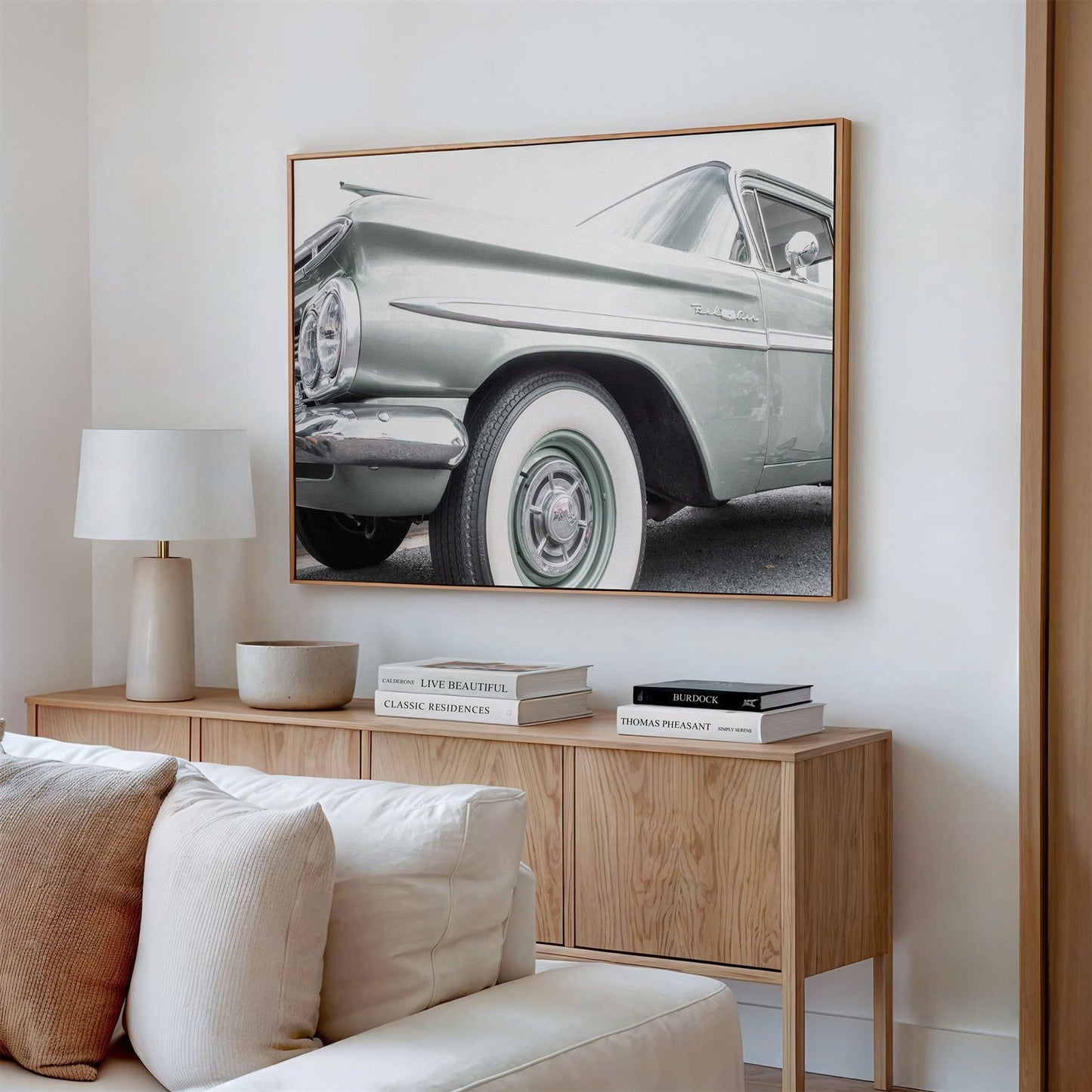 Framed canvas photo of: Bel Air 7855 displayed on a wall above a couch in a modern living room.