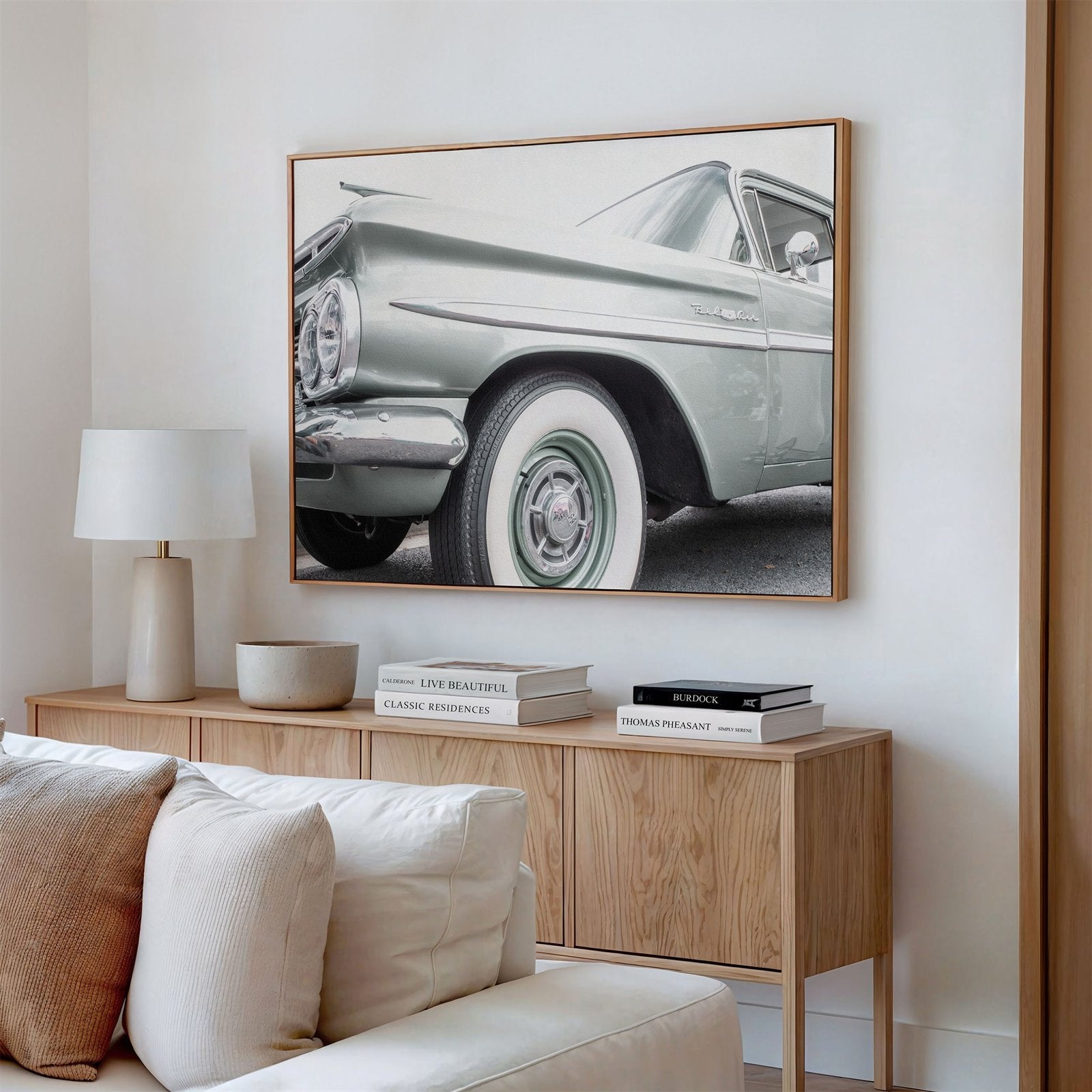 Framed canvas photo of: Bel Air 7855 displayed on a wall above a couch in a modern living room.