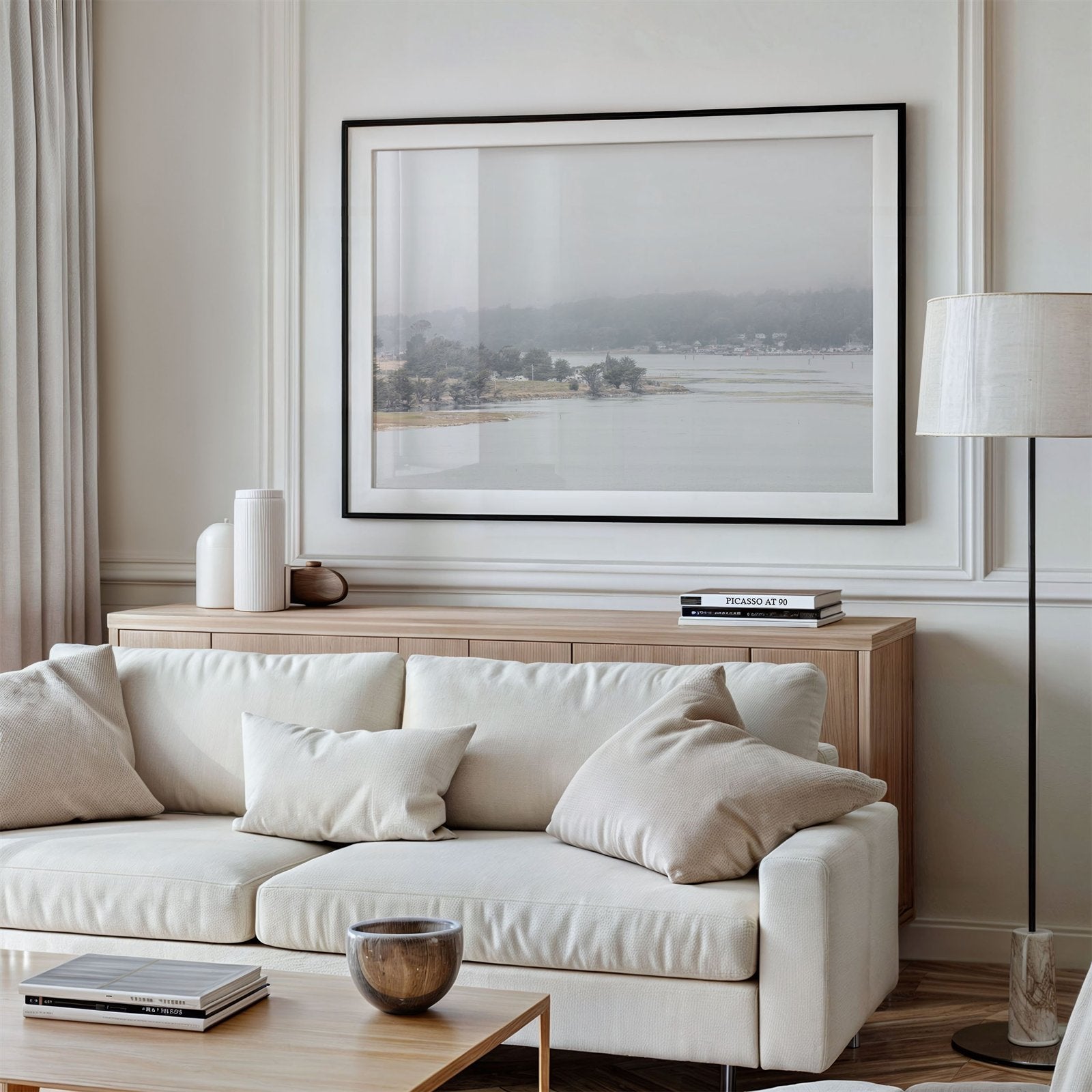 Framed canvas photo of: Bodega Bay 7762 displayed on a living room wall above a couch.