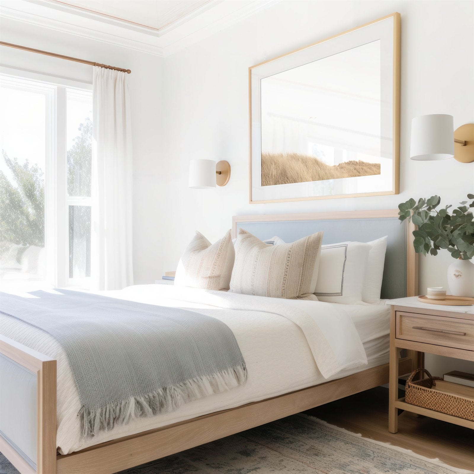 Framed photo of: Salmon Creek Beach 7602 displayed in a coastal bedroom above a bed.