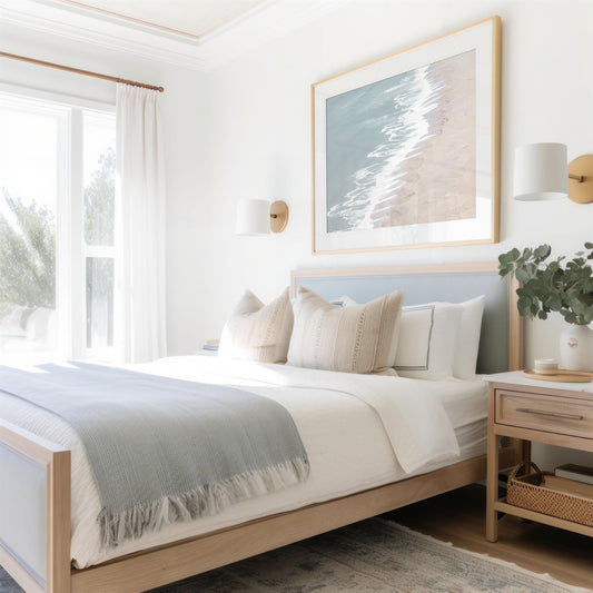 Framed photo of: Point Reyes Beach 7403 displayed above a bed in a coastal bedroom. 