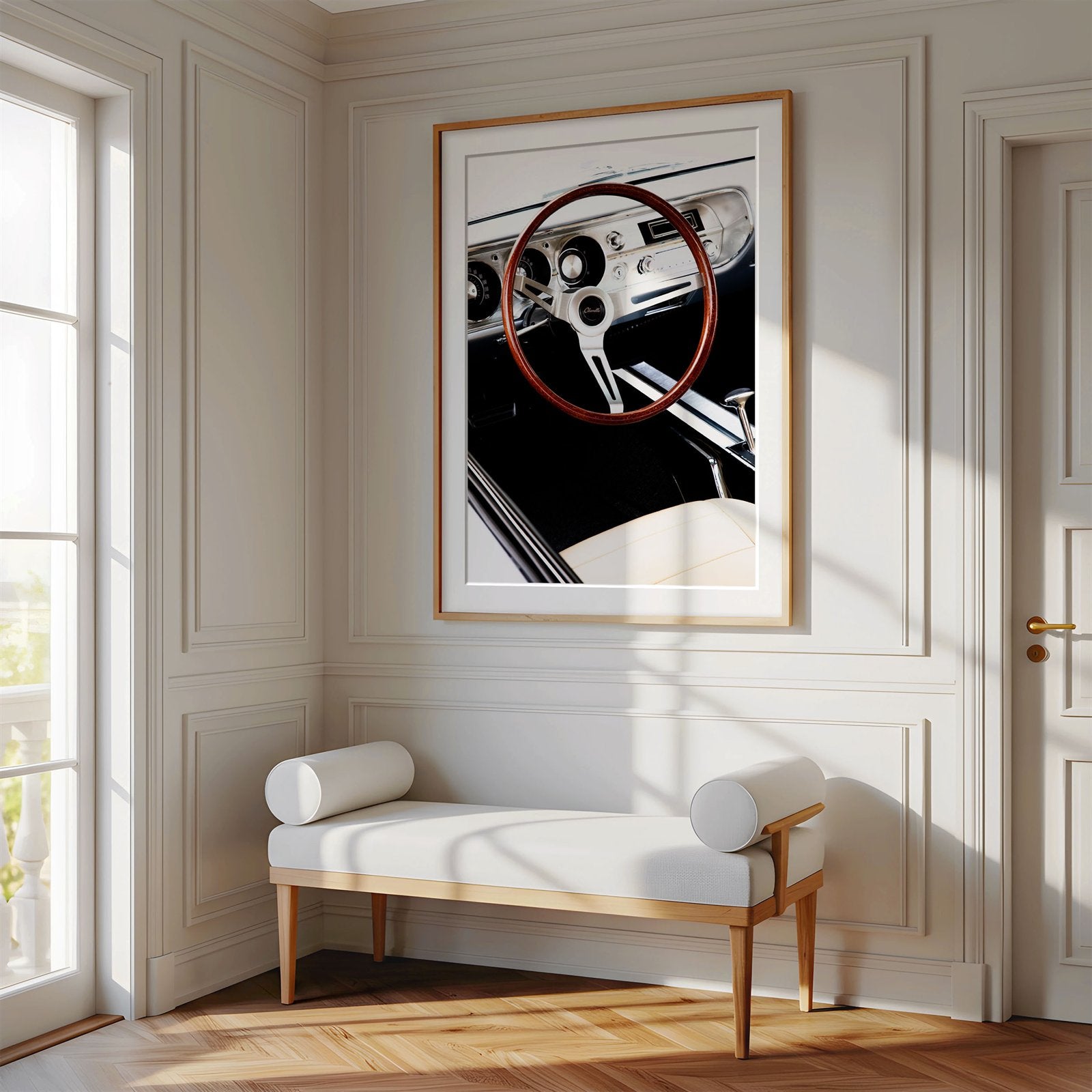 Framed photo of: Chevelle 7916 displayed above a bench in a luxury hallway.