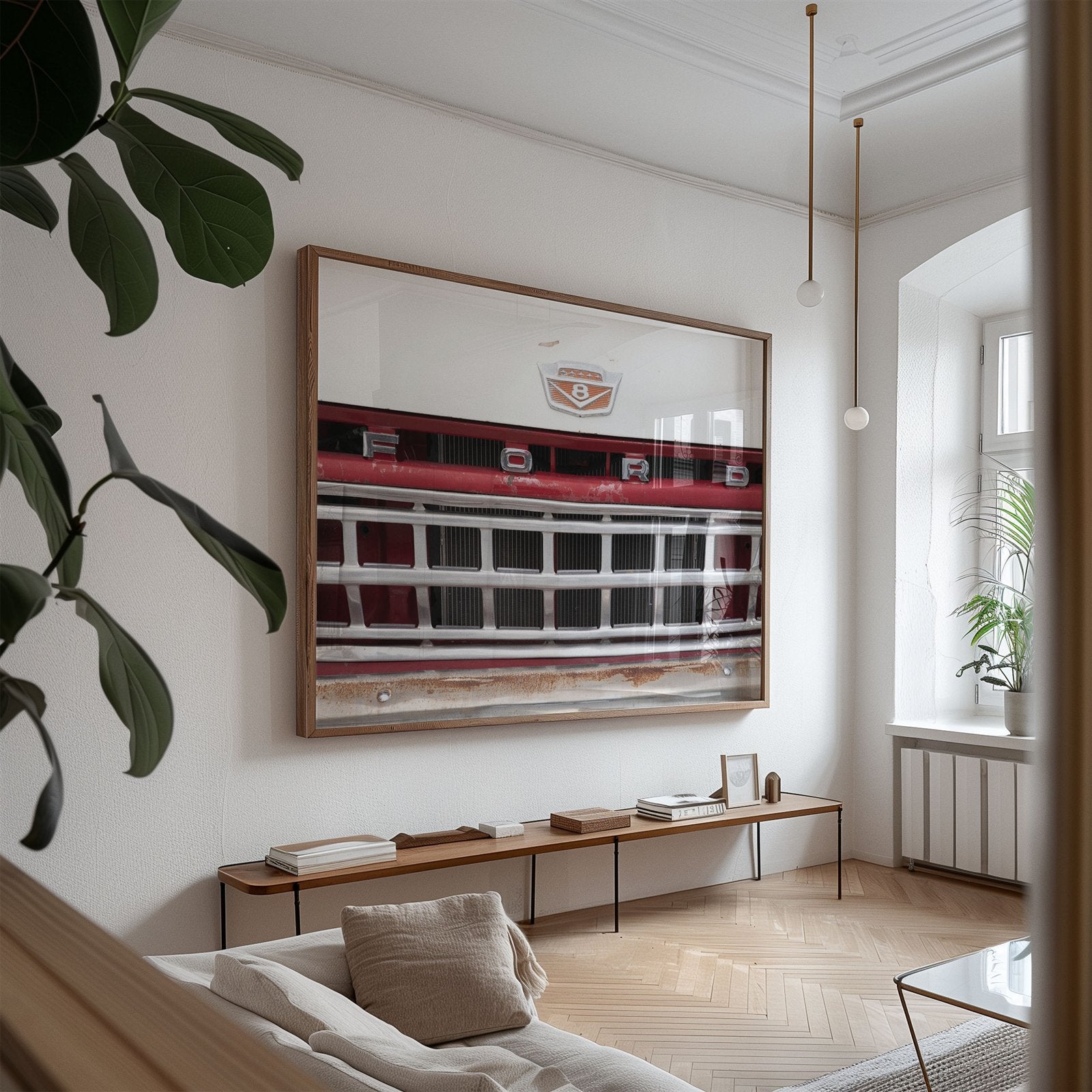 Oversized framed photo of: Ford Truck 8384 displayed above a console in a modern living room.