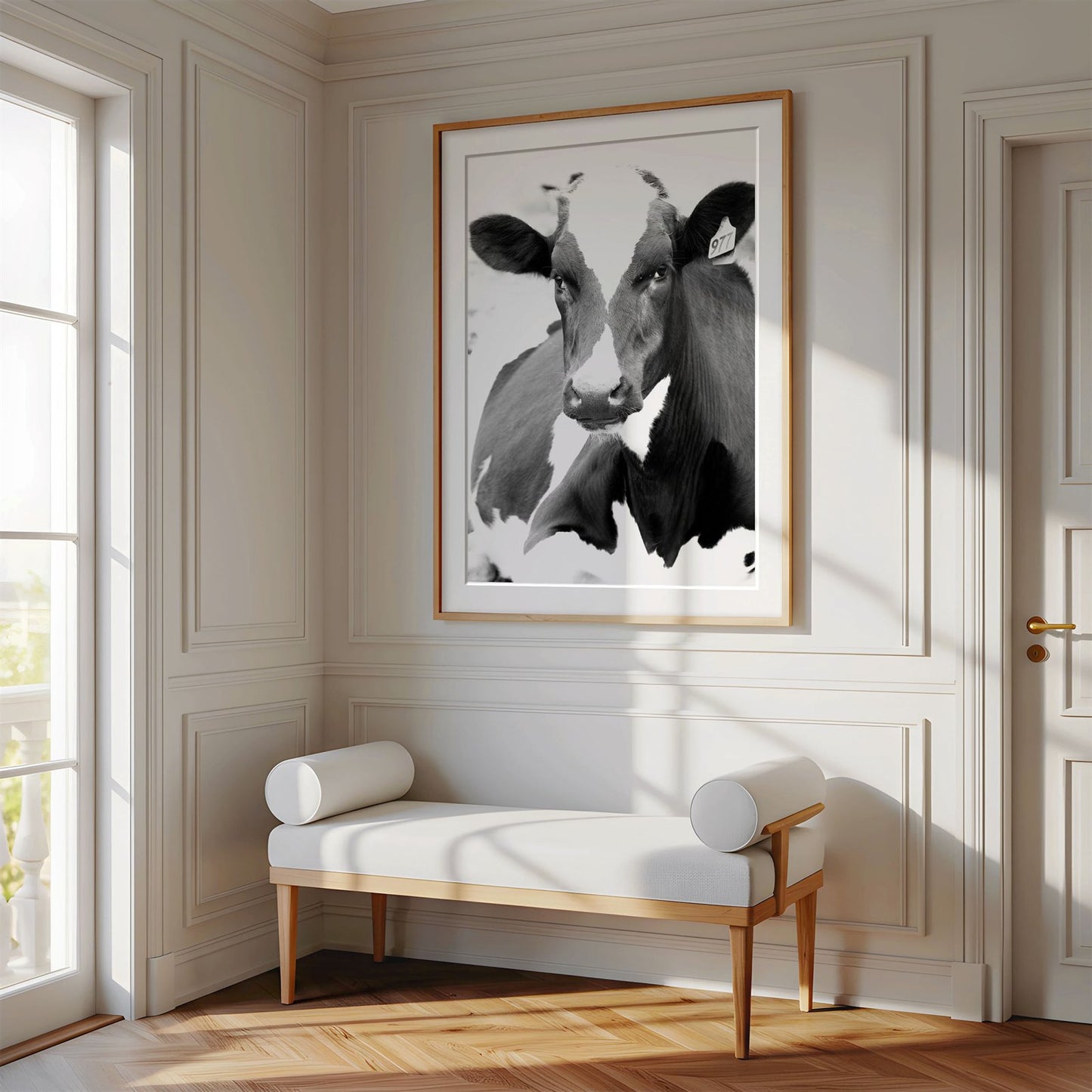 Framed photo of: Cow 7199 displayed above a bench in a luxury hallway.
