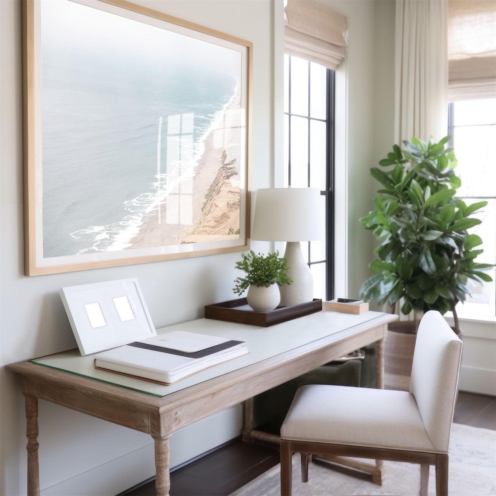 Framed photo of: Point Reyes Beach 7415 displayed above a desk.