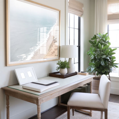 Framed photo of: Point Reyes Beach 7415 displayed above a desk.