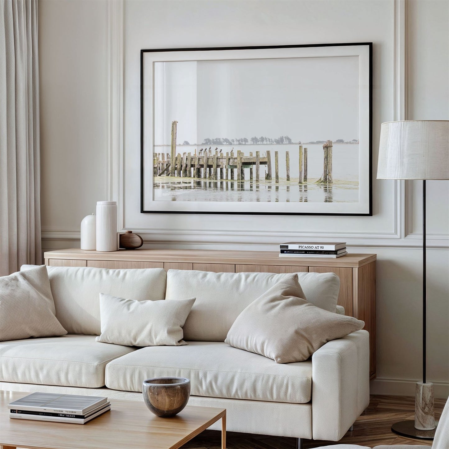 Framed photo of: Bodega Bay Pier 7637 displayed on a wall above a couch.
