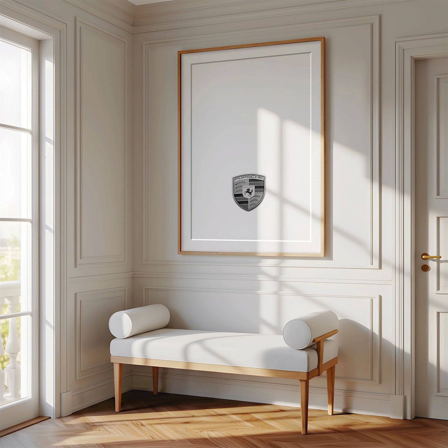 Framed photo of: Porsche 8364 displayed on a wall above a bench in a luxury hallway.