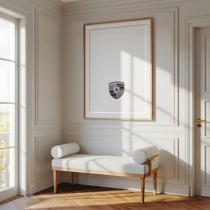 Framed photo of: Porsche 8364 displayed on a wall above a bench in a luxury hallway.