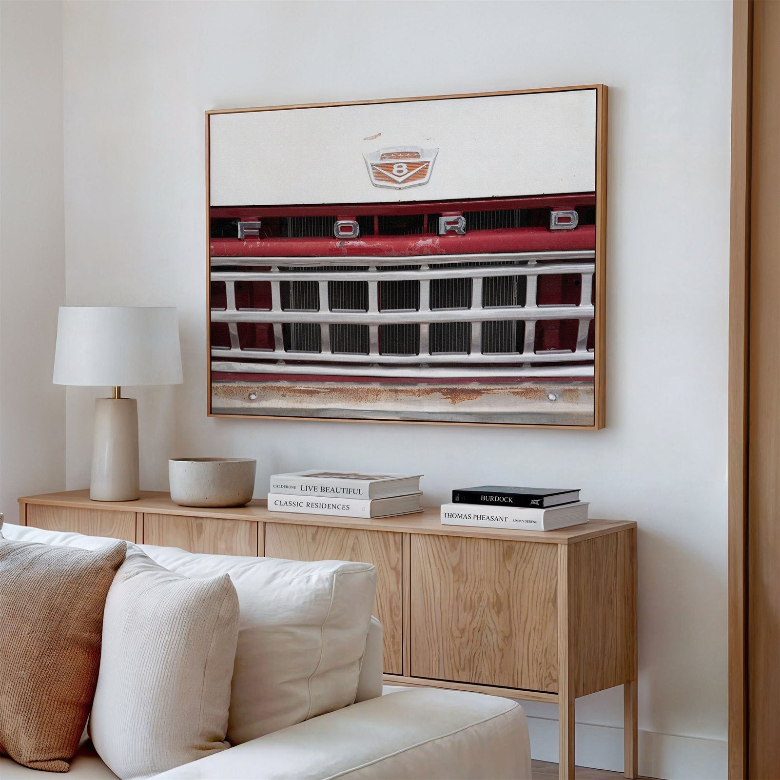Framed canvas photo of: Ford Truck 8384 displayed above a couch in a modern living room.