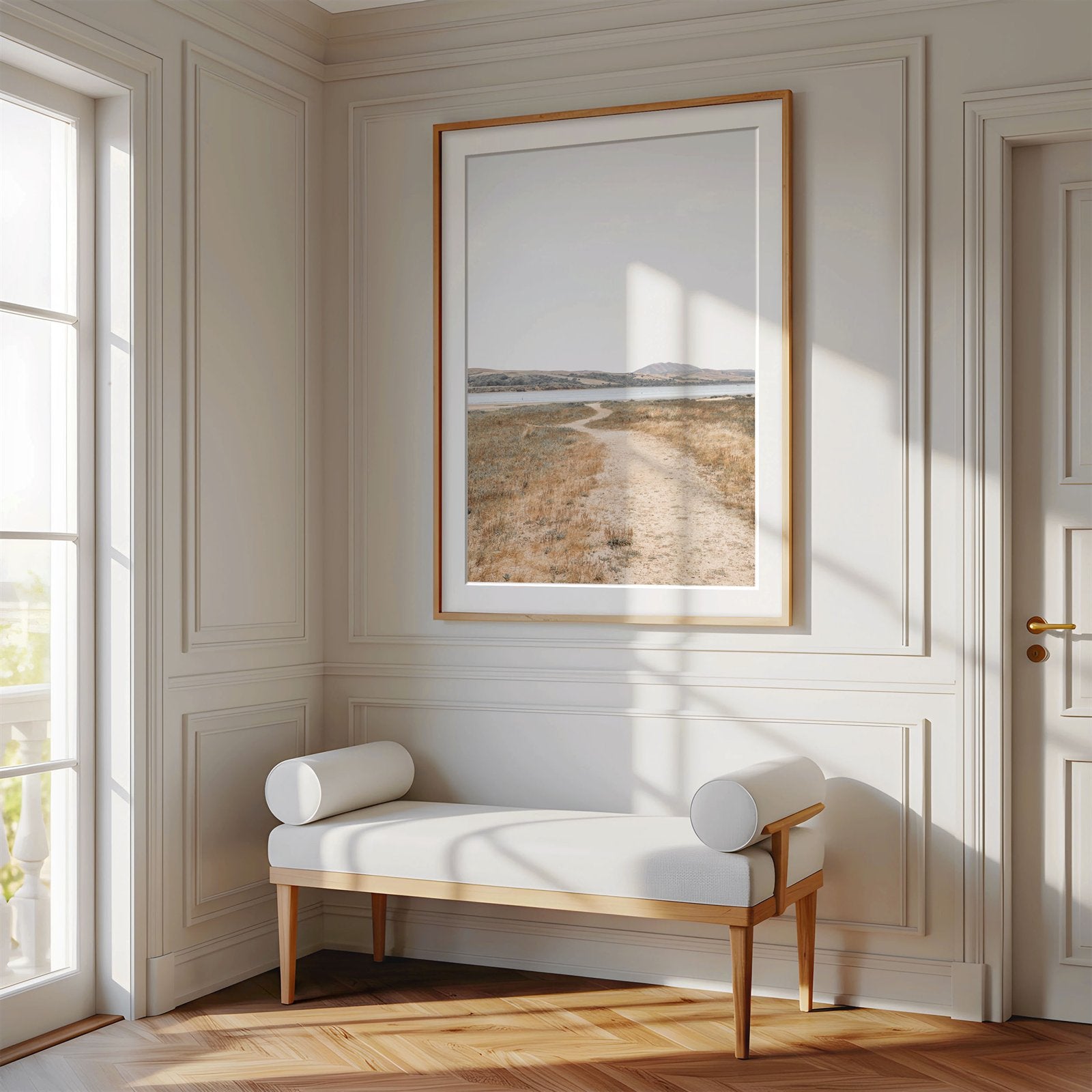 Framed photo of: Tomales Bay 7148 displayed on a wall above a bench in a luxury hallway.