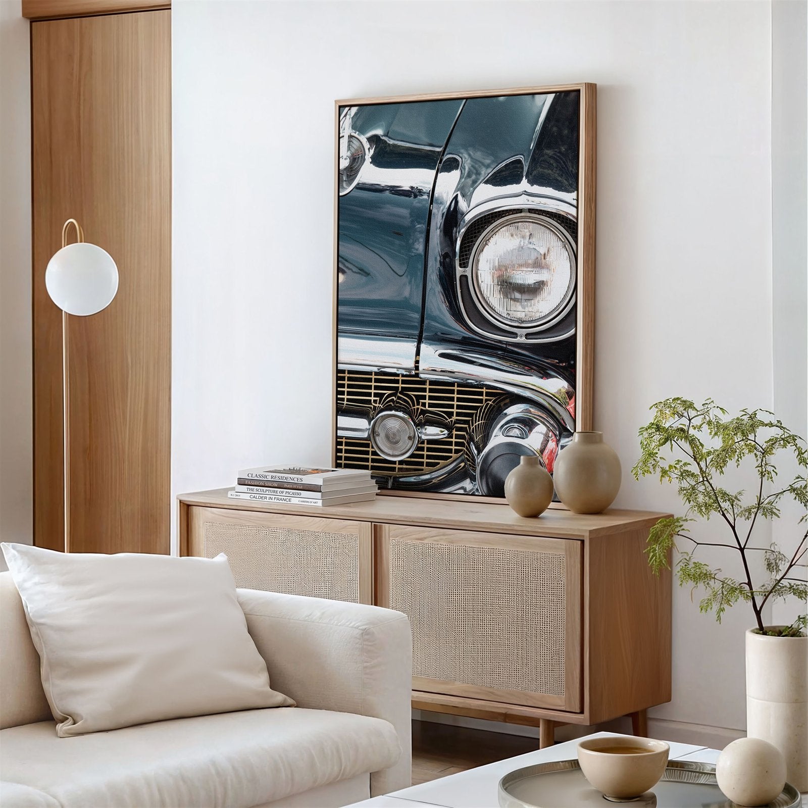 Framed canvas photo of: Chevrolet 7808 displayed on a wall above a console in a modern living room.