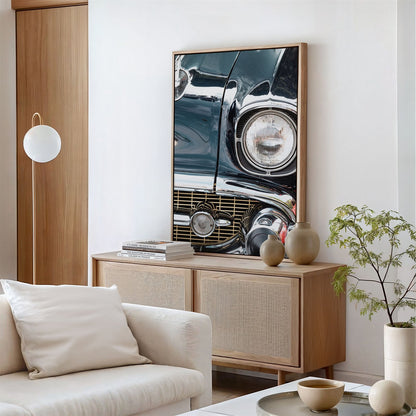 Framed canvas photo of: Chevrolet 7808 displayed on a wall above a console in a modern living room.