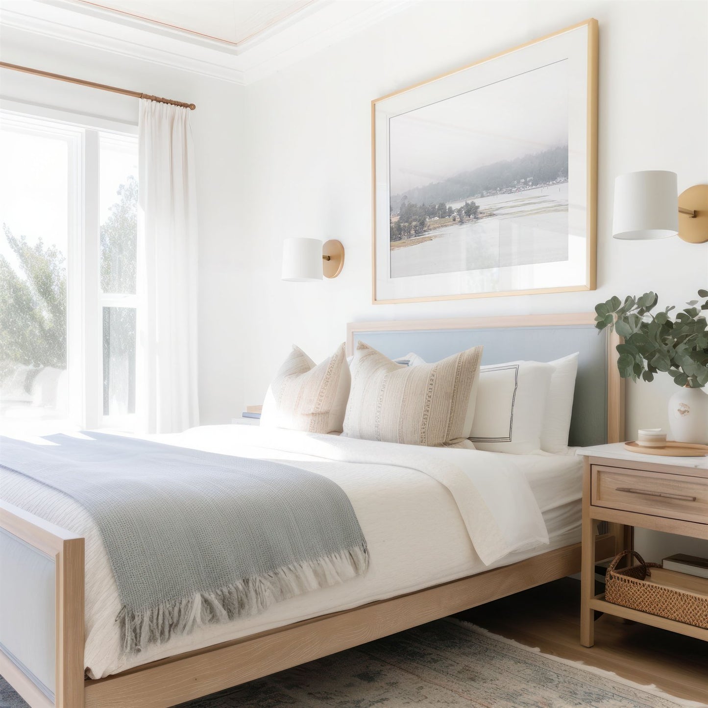 Framed photo of: Bodega Bay 7762 displayed above a bed in a coastal bedroom.