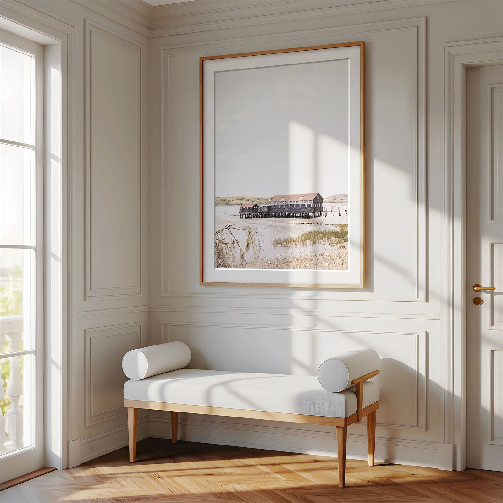Framed photo of: Tomales Bay 7142 displayed above a bench in a luxury hallway.