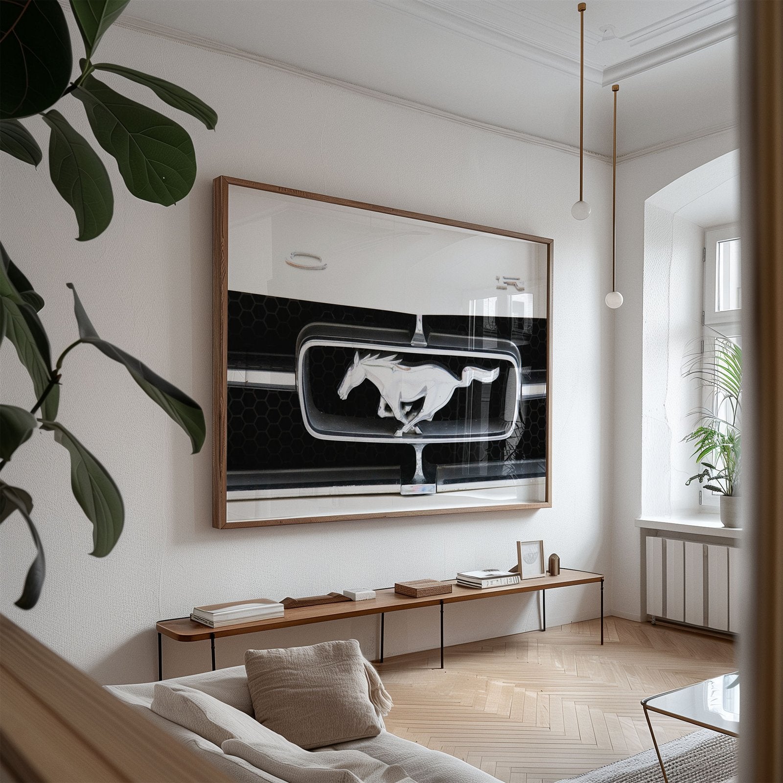 Oversized framed photo of: Ford 8021 displayed above a console in a modern living room.