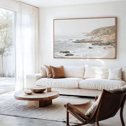 Canvas framed photo of: Bodega Head 7711 displayed above a couch in a living room.