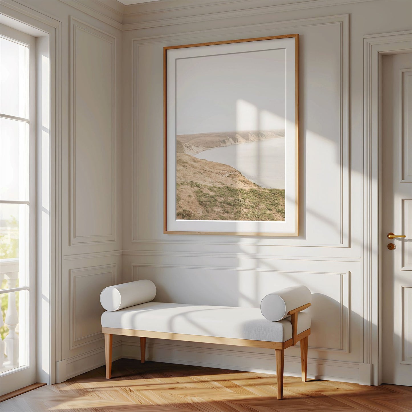 Framed photo of: Drakes Bay 7273 displayed above a bench in a luxury hallway.