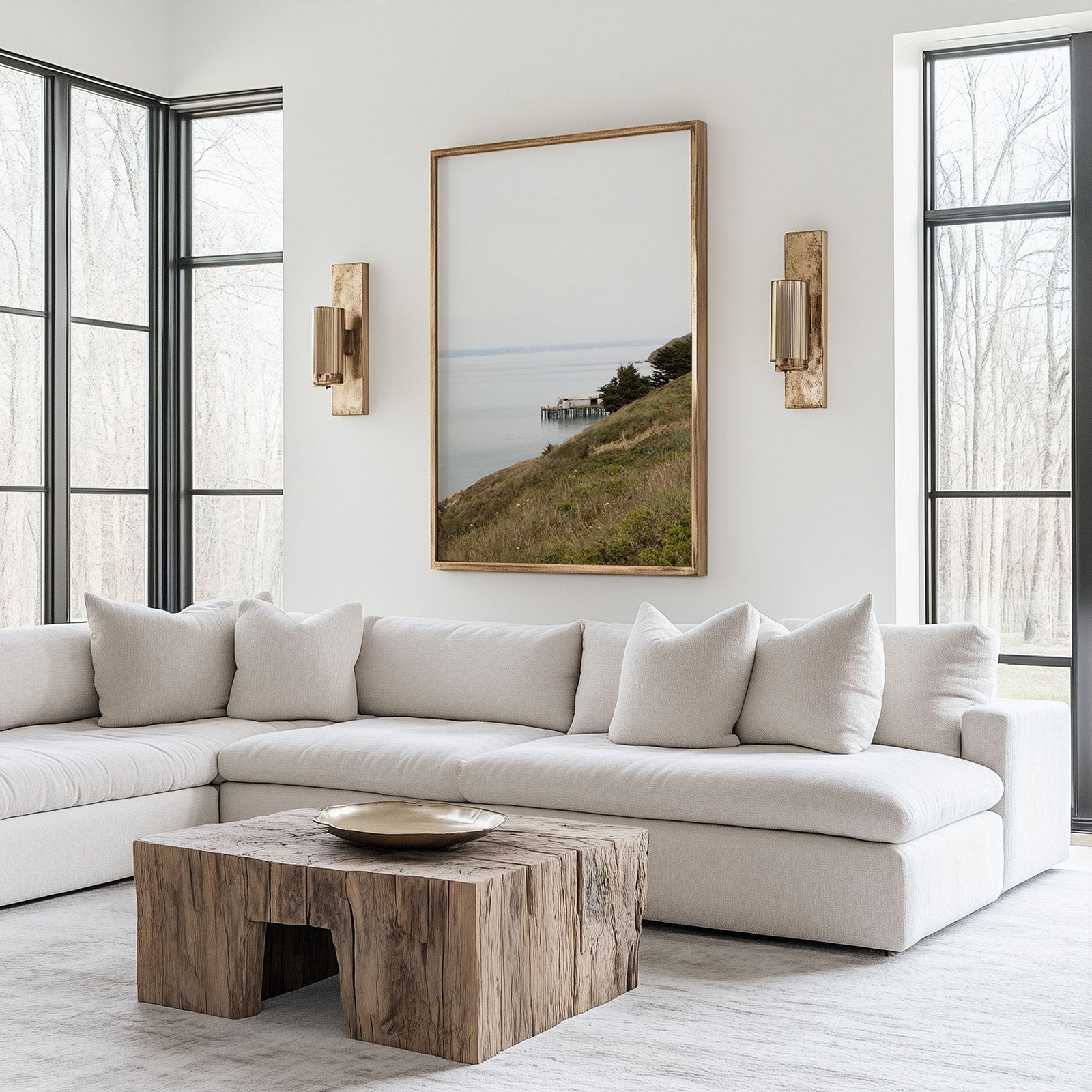 Framed photo of: Point Reyes 7379 displayed above a couch in a luxury living room.