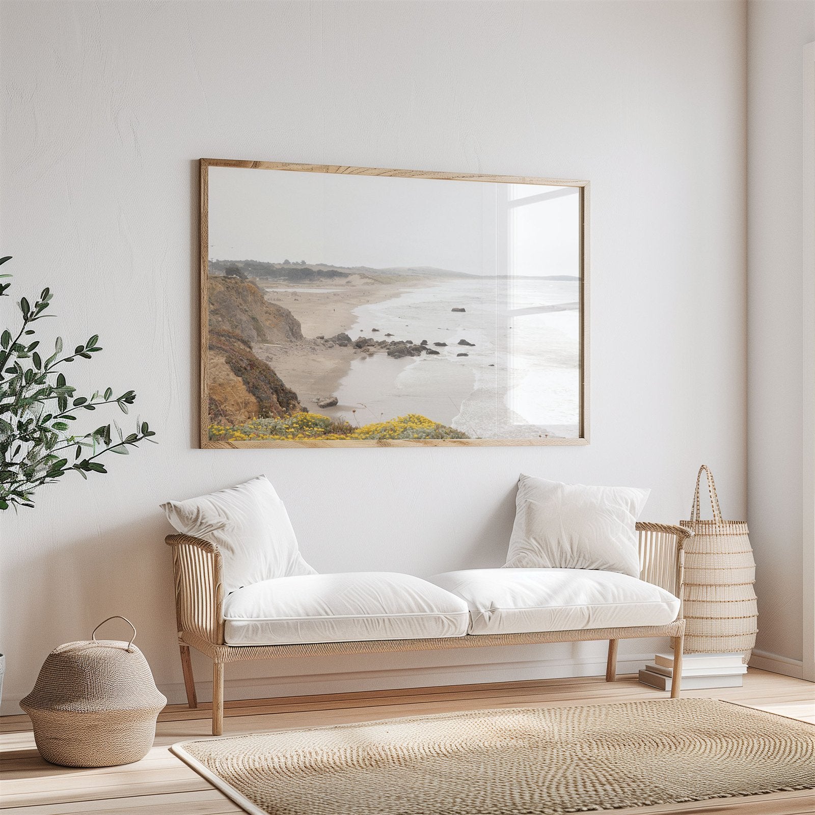 Framed photo of: Salmon Creek Beach 7463 displayed on a wall above a couch in a living room.