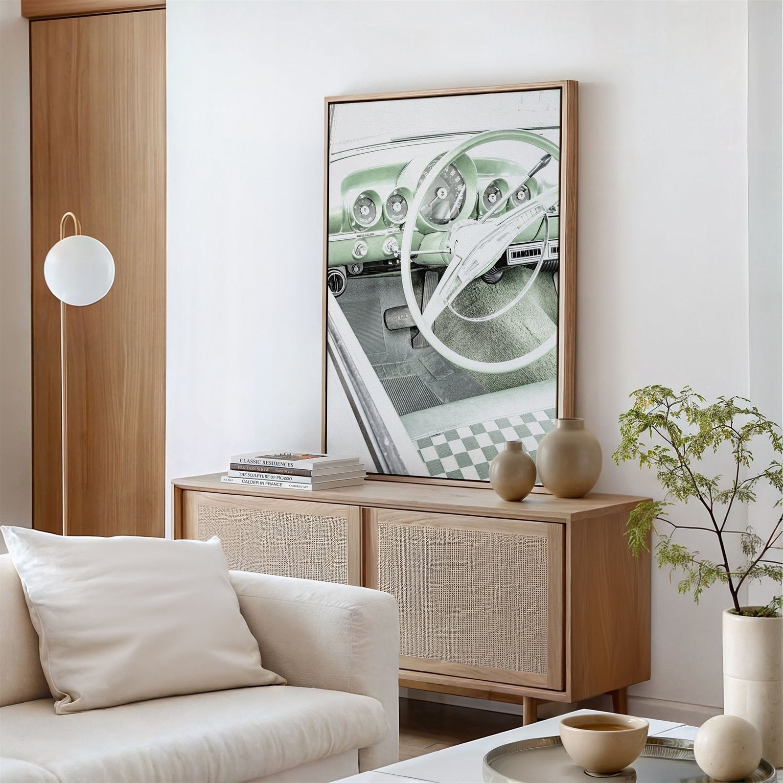 Framed canvas photo of: Bel Air 7889 displayed above a console in a neutral modern living room.