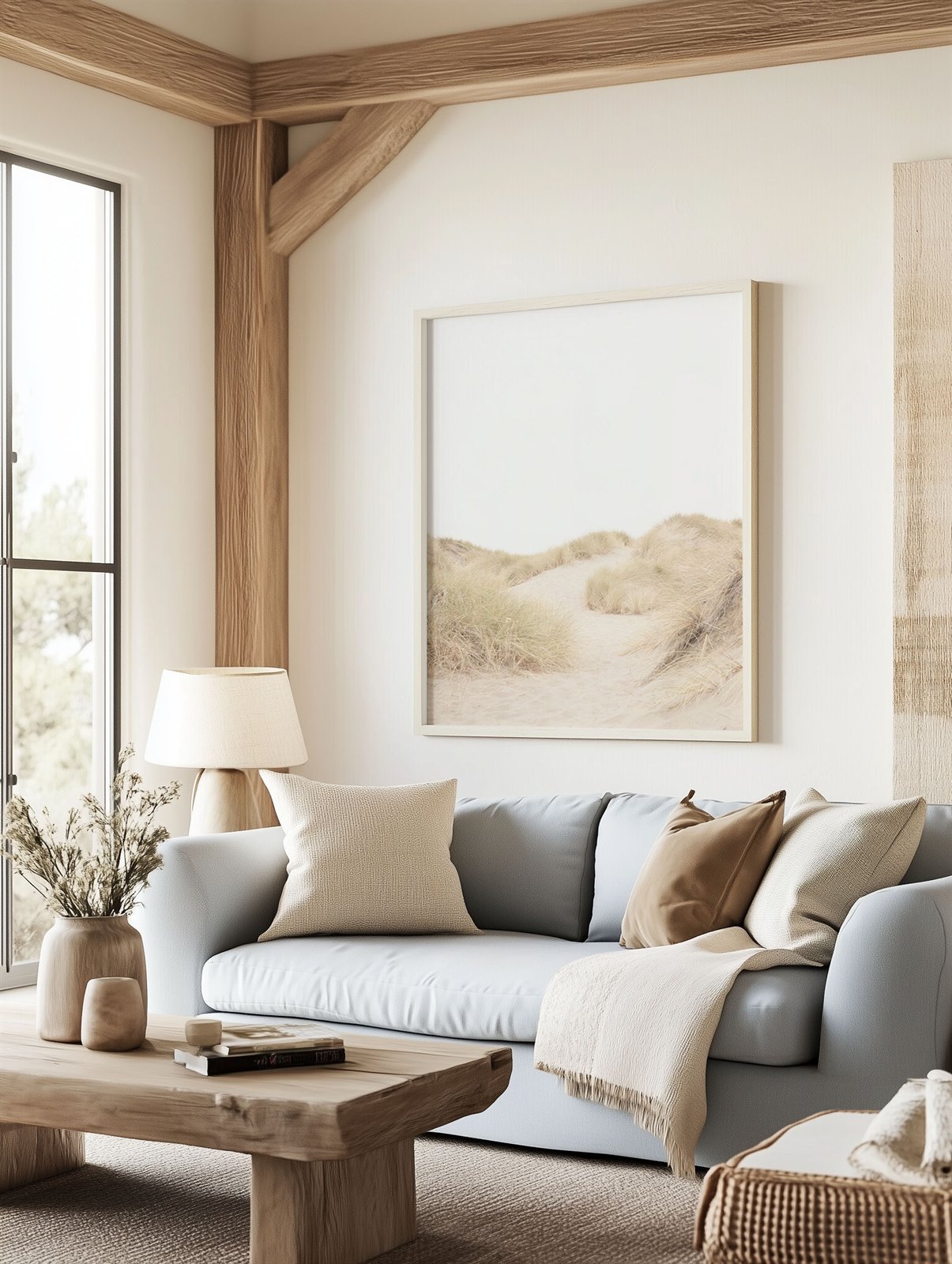 Framed photo of: Salmon Creek Beach 7624 displayed on a wall above a couch.