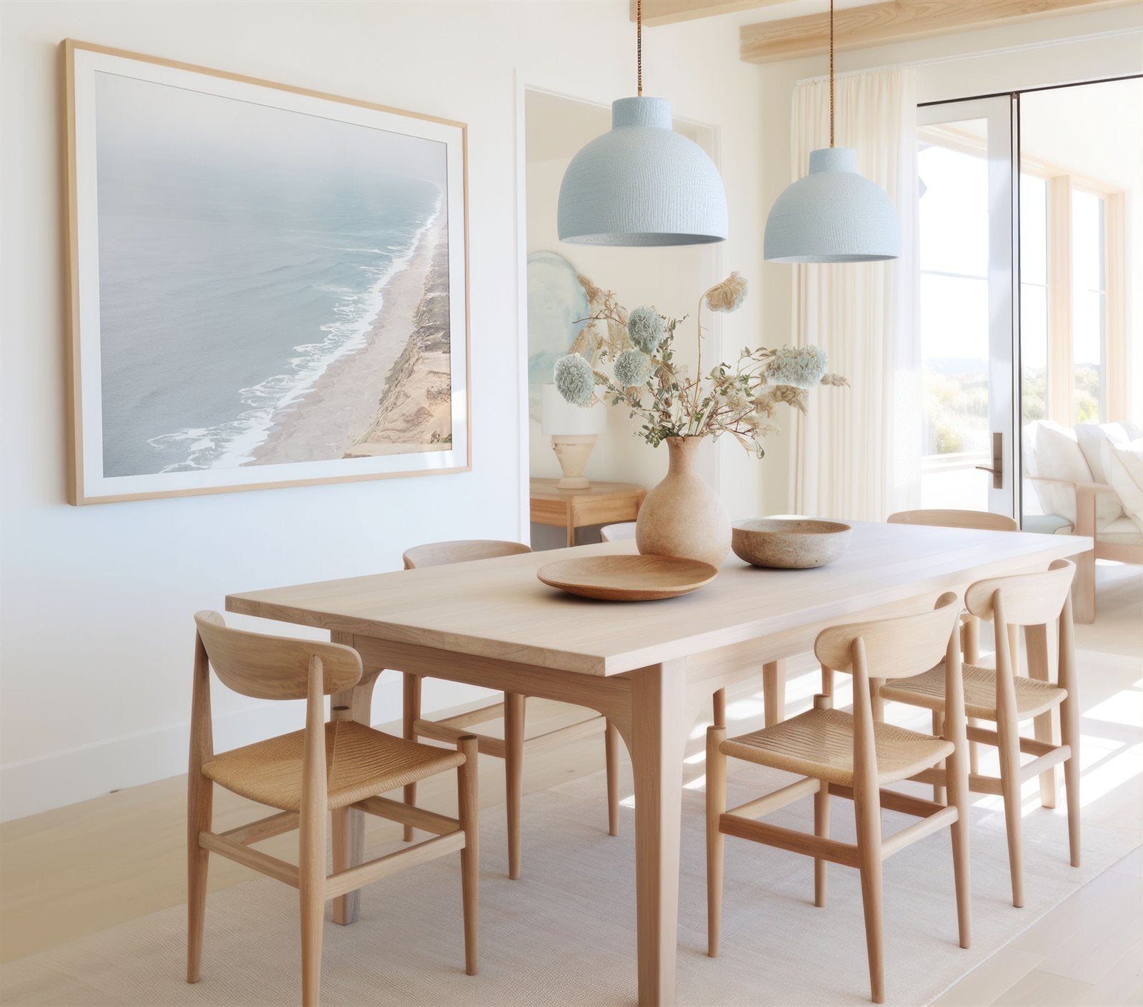 Framed photo of: Point Reyes Beach 7415 displayed on a wall in a coastal dining room.