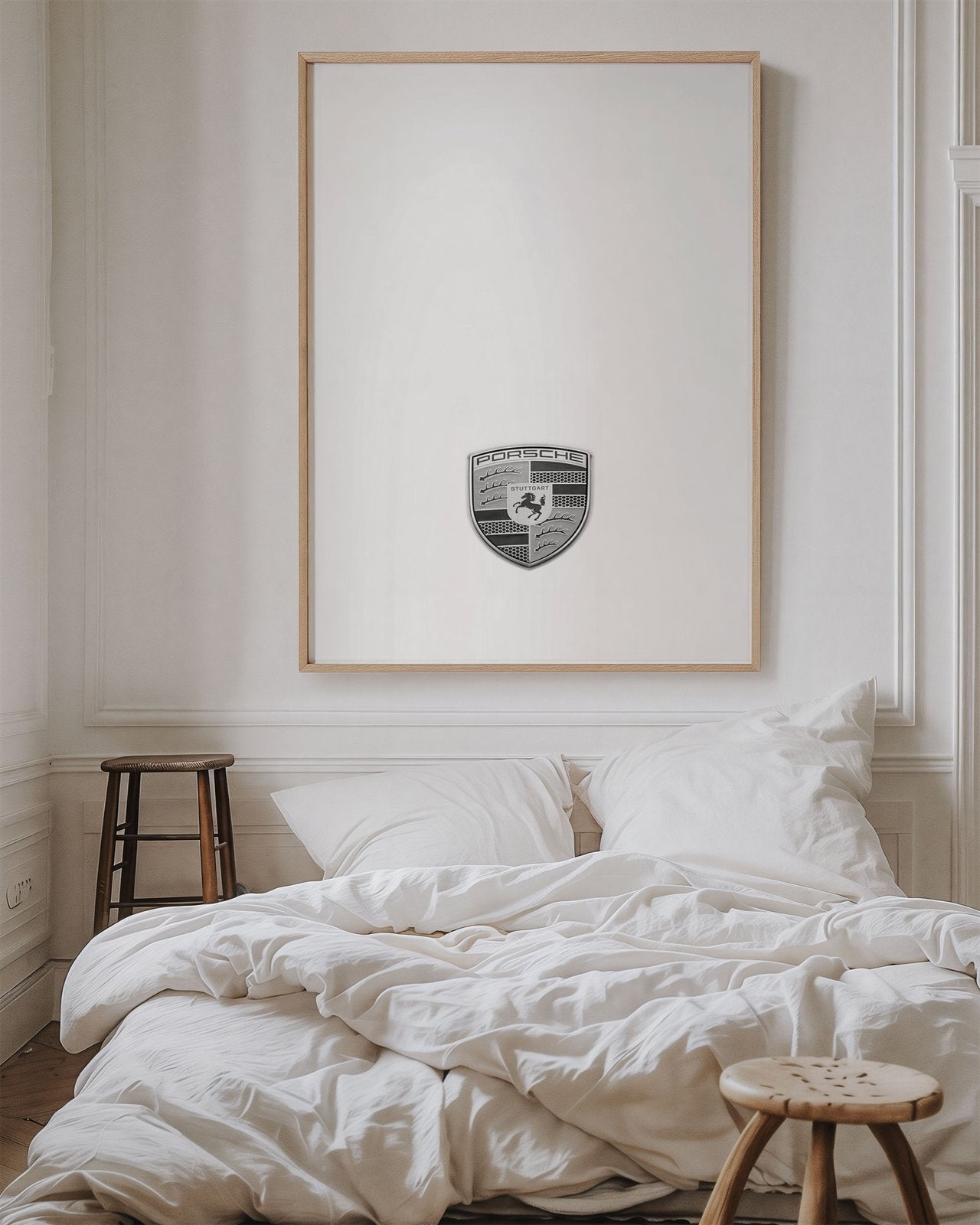Framed photo of: Porsche 8364 displayed on a wall above a bed in a cozy bedroom.