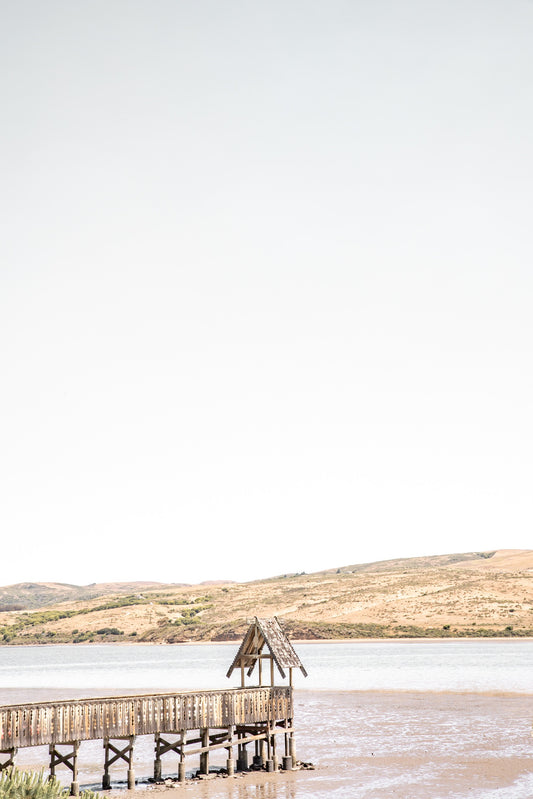 Photography by Salt Creek Prints of: Tomales Bay 7140, Lookout pier in the water facing rolling hills of Marin County, California.