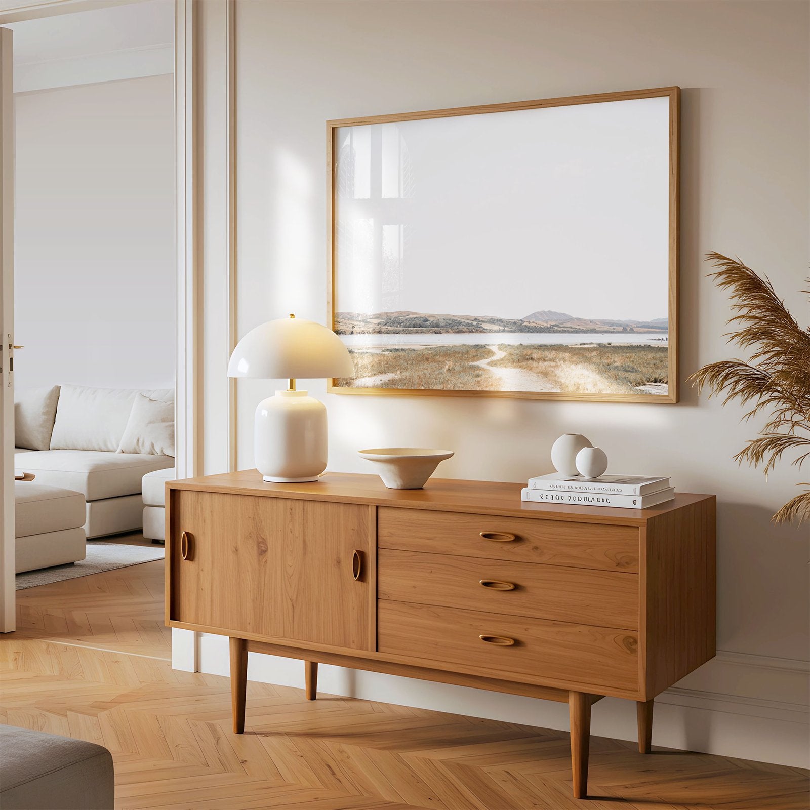 Framed photo of: Tomales Bay 7147 displayed above a console in a modern hallway.