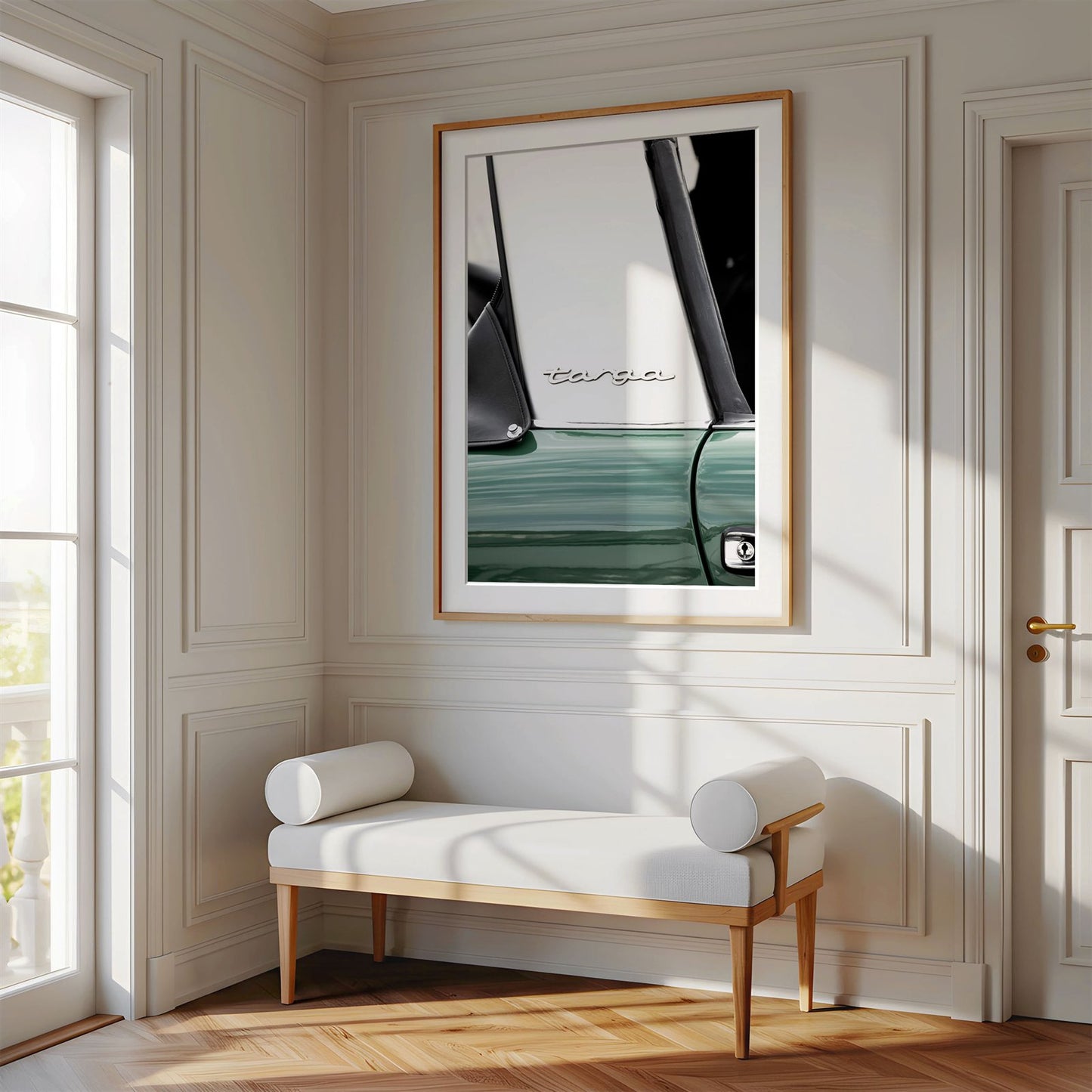 Framed photo of: Targa 8000 displayed on a wall above a bench in a luxury hallway.