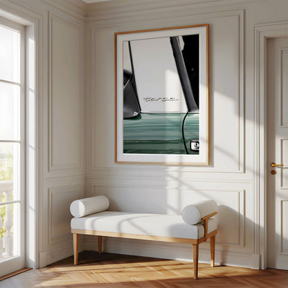 Framed photo of: Targa 8000 displayed on a wall above a bench in a luxury hallway.
