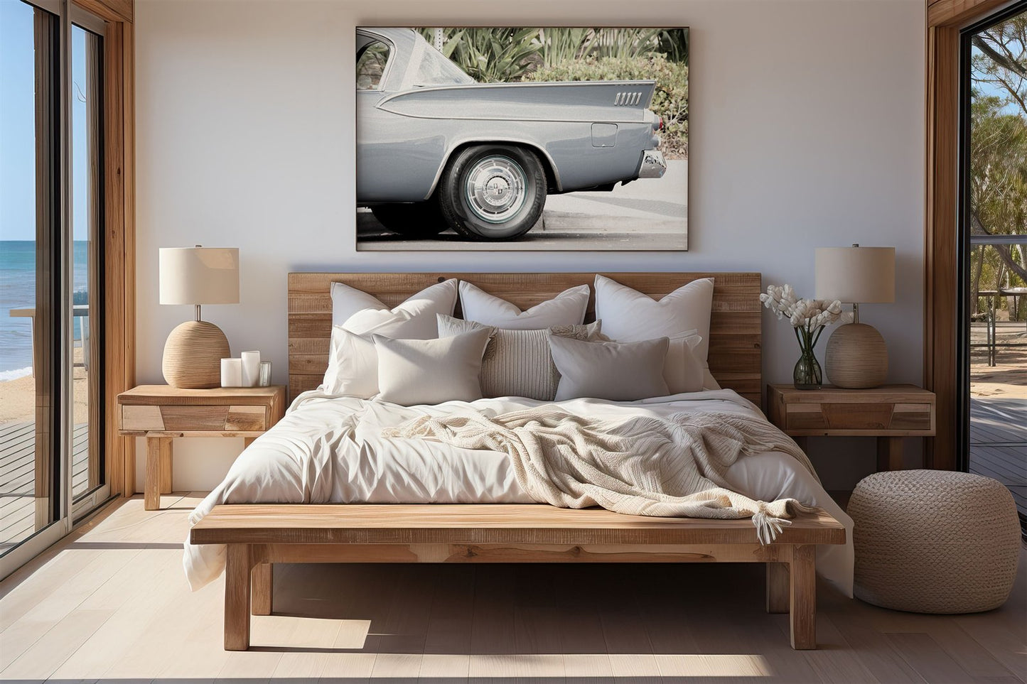 Framed photo of: Dodge Coronet 7783 displayed above a bed.