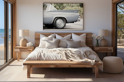 Framed photo of: Dodge Coronet 7783 displayed above a bed.