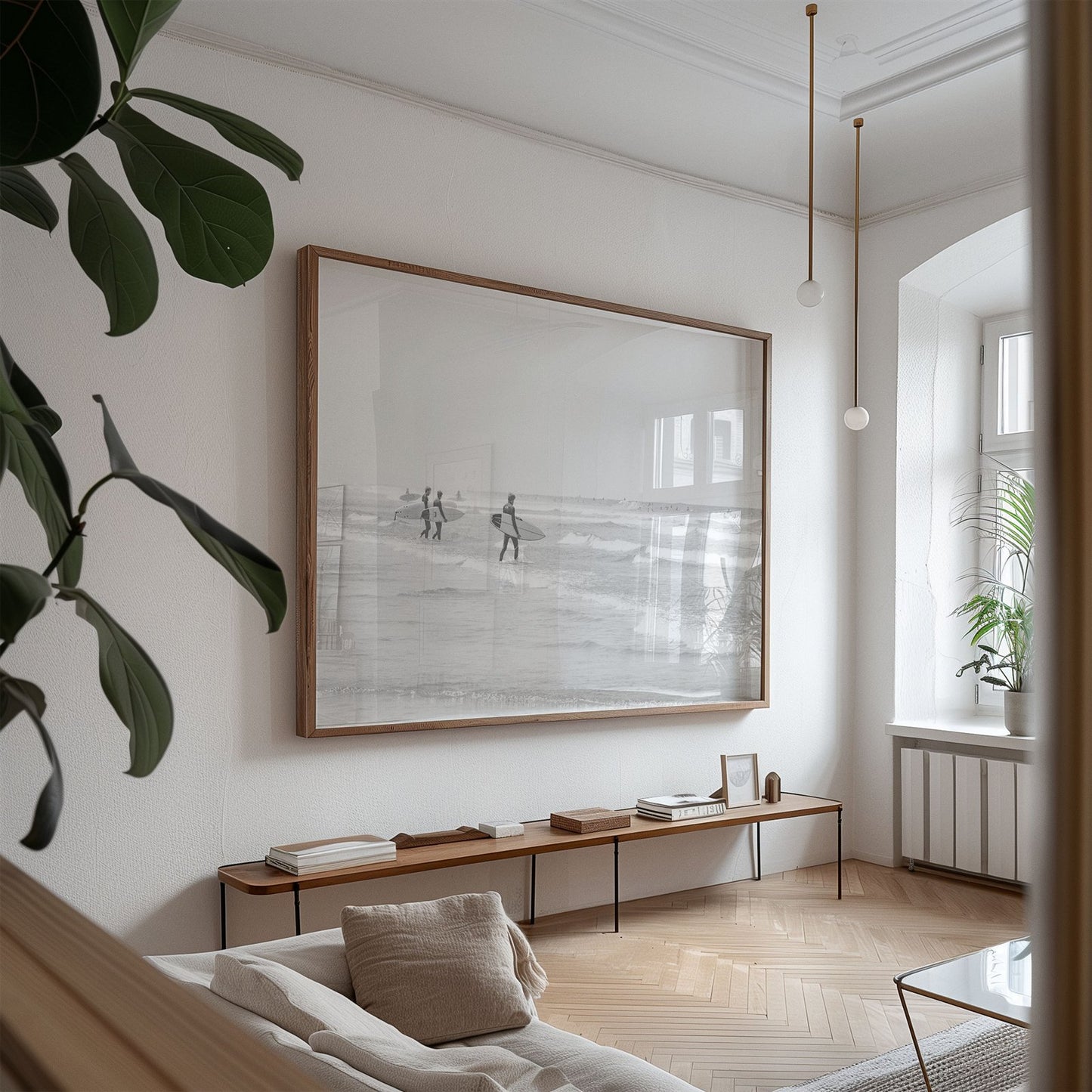 Oversized framed photo of: Moonlight Beach 4159 displayed on a living room wall.