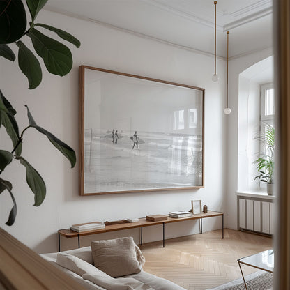 Oversized framed photo of: Moonlight Beach 4159 displayed on a living room wall.