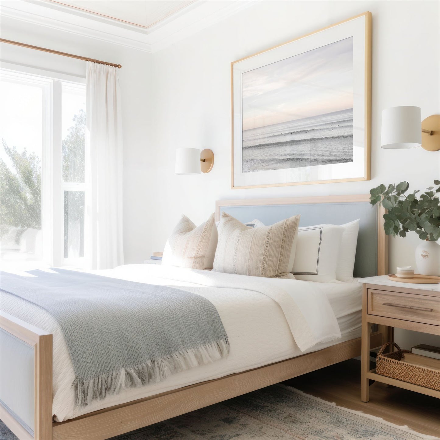 Framed photo of: Del Mar 9616 displayed above a bed in a coastal bedroom.